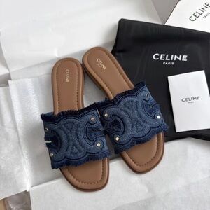Celine Navy Denim Fringe Slide Sandals with Tan Footbed
